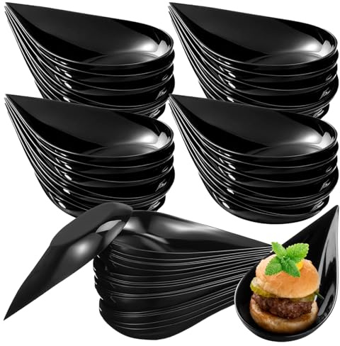 QIWEIS Tropfenförmige Vorspeisenschalen 50 Stück Fingerfood Schalen Zubehör Wiederverwendbare Reusable Tropfenförmige Servierteller für Dessert Pudding Mousse Party, Schwarz