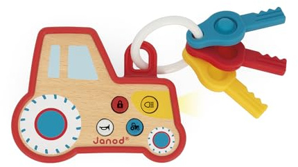 Janod - Portachiavi sonaglio interattivo per bambini Trattore - Effetti sonori e luminosi - Legno e silicone - Sonaglio sonoro per bambini e giocattolo per la dentizione - Batterie incluse - 18 mesi +