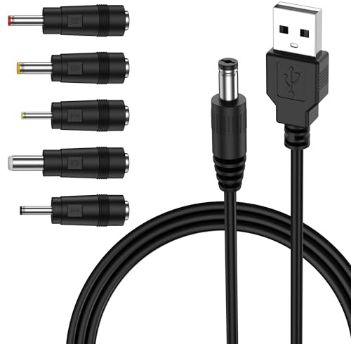 Universel Convertisseur Câble USB DC 5V vers 5.5 x 2.1mm,2,0 A DC USB Cable d'alimentation Barrel Jack Adaptateur Cordon d'alimentation avec 5 Connecteurs pour Routeur Caméra TV Box Enregistreur (1m)