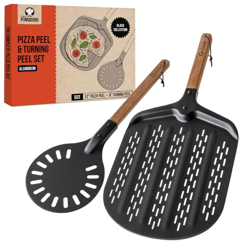Chef Pomodoro Set Pala Forata 30 cm e Girapizza 20 cm | Antiaderente con Manico in Legno, per Forno e Grill