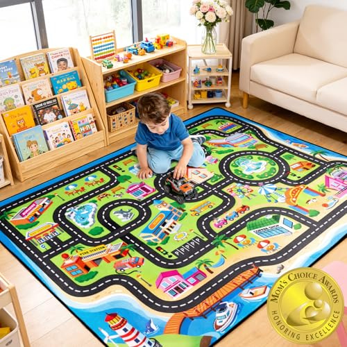 Cavorel Kids Rug, 5x7 FT Island City Car Rug Play Mat with Realistic Roads and Tracks, Non-Slip, Stain Resistant, Machine Washable, Interactive City Road Carpet for Kids Room, Playroom & Nursery