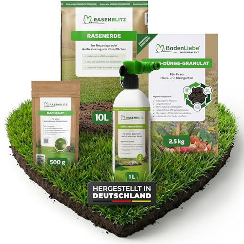 RASENBLITZ Frühjahrsdünger flüssig Set 1 L Rasendünger | flüssig, inkl. NATURTALENT, NACHSAAT und RASENERDE, die ideale Hilfe für deinen Garten im Frühjahr