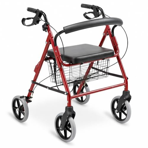 ALMA Andador para Ancianos con Asiento y 4 Ruedas, Rollator Plegable de Aluminio Ligero, Ajustable en Altura, con Respaldo, Cesta y Frenos de Maneta con Bloqueo, para Adultos y Personas Mayores.