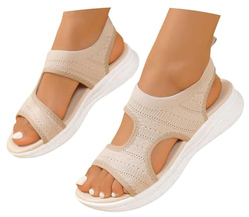 Zapatos Verano Mujer,Sandalias Mujer Verano Ortopédicas Comodas Deportivas Sandalia Cuña para Caminar Zapatos con Punta Abierta Antideslizantes Transpirables Lavable Beige 39