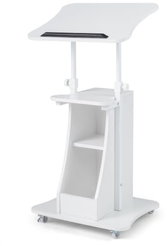 FANTASK Stehpult höhenverstellbar, 50 x 40 x 72–112 cm, mobiler Rednerpult mit neigbarer Tischplatte & offenen Fächern, Rednerpultständer zum Stehen & Sitzen, Stehtisch auf Rollen für Büro (Weiß)