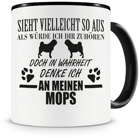 Samunshi® Ich denke an meinem Mops Hunde Tasse Kaffeetasse Teetasse Kaffeepott Kaffeebecher Becher 300ml schwarz