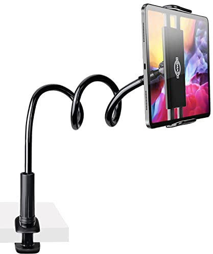 Cell Phone & Tablet 2 in 1 Clip Stand Holder with Flexible Long Arm Gooseneck Bracket Mount Clamp for iPad,iPhone,Switch, Kindle Fire, 4.7''-10.5'' Devices, for Bedroom,Office,Desktop,Kitchen (Black)