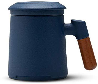 ZENS Teetasse mit Deckel und Sieb, 360 ml Holzgriff Teebecher mit Teesieb und Deckel für Losen Tee, Matte Keramik Teetassen Geschenke für Teeliebhaber, handgesprühte Dunkel Blau Glasur