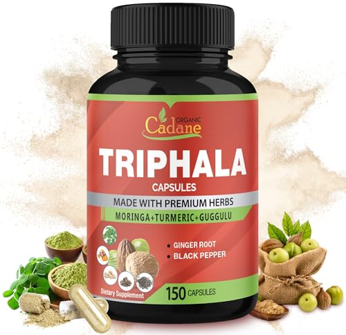 Organic Cadane Triphala Extract Capsules, 5 Months Supply with Turmeric, Guggulu, Ginger, Black Pepper, Moringa - Support Digestion Health & Immune System