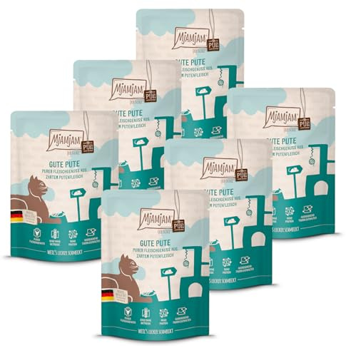 MjAMjAM - premium våtfoder för katter - Quetschie - ren köttnjutning - bra ren kalkon, förpackning om 6 (6 x 300 g), spannmålsfri med extra kött