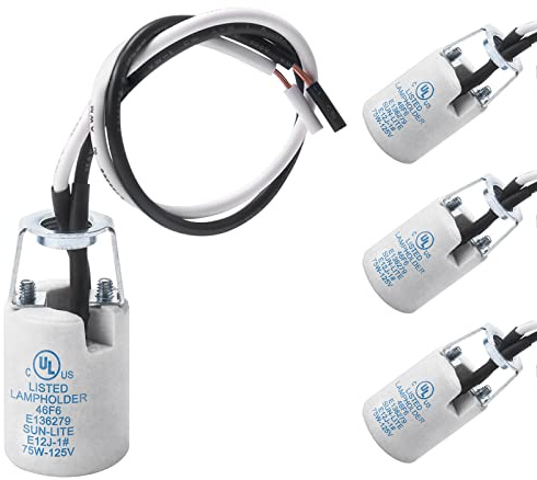 DiCUNO E12 Socket, Ceramic Candelabra E12 Lamp Holder Screw Base with Leads, UL Listed Porcelain Light Socket with 8 Inches Wired Lead for Halogen Incandescent LED Bulb, 4 Packs