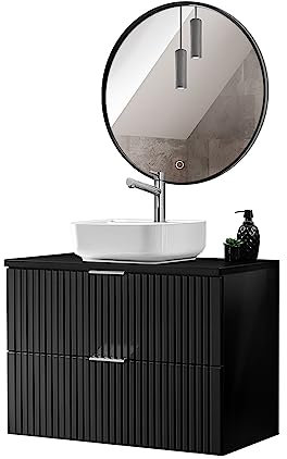 Lomadox Waschplatz Set, 80cm breit mit Keramik Waschbecken und LED Spiegel, schwarz matt gerillt, B/H/T ca. 80,6/200/46,5 cm