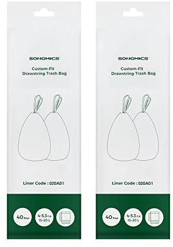 SONGMICS Sacchi Spazzatura, Sacchetti per Immondizia con Manici a Cordoncino, Sacchi per Pattumiere da Cucina da 15-20L, Pre-separati, Codice 020A01, 2 Rotoli, 80 Pezzi, Bianco KRB020A02