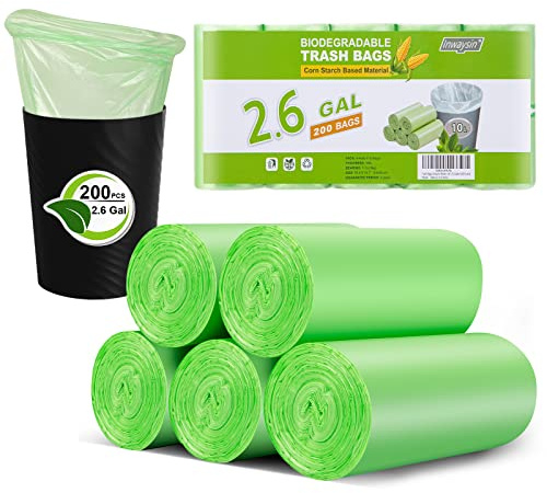 Inwaysin 200 Count 2.6 Gallon Plant Starch Based Bathroom Trash Bags, Strong, Unscented, Expanded, Green, 10L