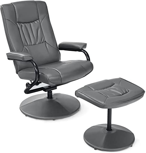 COSTWAY Swivel Recliner Chair with Footstool, Faux Leather Executive Reclining Armchair Single Sofa Chair, High Back Leisure Padded Seat Lounge Chair for Living Room, Bedroom and Office (Grey)