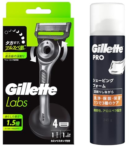 (Amazon.co.jp Exclusive) Gillette Labs Peeling-Bar, Rasur, Rasierer, männlicher Halter, 4 Ersatzklingen + Rasierschaum