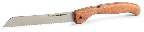 FOXXKNIFE Klappmesser Brotmesser Taschenmesser groß 18,5cm Klinge, ohne Lasergravur, Wurzelholzgriff, scharfer Wellenschliff, Ideal für Camping, Offroad, Abenteurer im Wohnmobil, Inkl. Hardbox