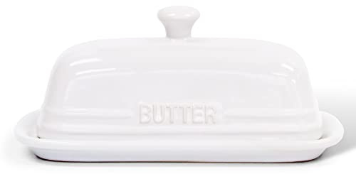 MAIA Ceramic Butter Dish with lid for countertop 4'' x 8'' Keeper Container White Holder Spreader on Kitchen Dishes Storage (BD01-DE)