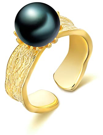 AENEAS Anillo de perlas negras de plata de ley y oro negro anillos de perlas para mujeres de agua dulce oro perla anillo joyas regalos para mujeres, Perla, Perla