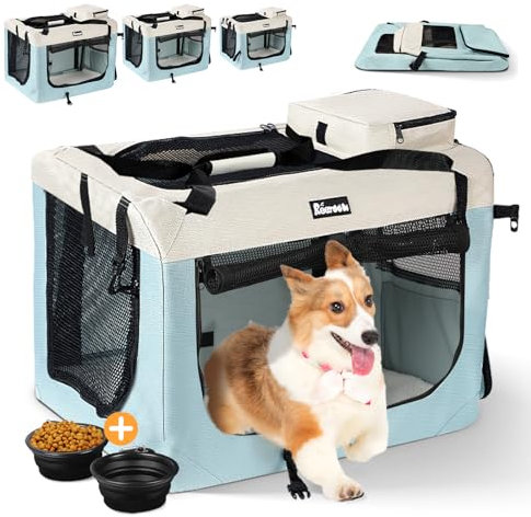 Reerooh Hundebox XL 81x 58 x 58cm, Faltbar Hundetransportbox Inkl.Hundenapf, Tragbare Hundetasche für Reisen, Hunde und Katzen Auto Haustiertransportbox (XL, Blau)
