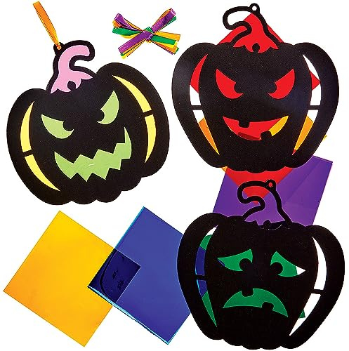 Baker Ross FX635 Pumpkin Stained Glass Decoration Kits - Pack of 8, Halloween Decoration Craft Kits for Kids