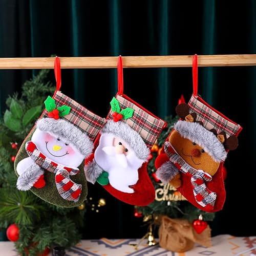 3 Pack Christmas Stockings, Santa Snowman Deer Christmas Stocking Decorations, Fireplace Christmas Tree Decor Hanging Plush Ornaments Gift Stockings, Christmas Holiday Family Home Party Decoration