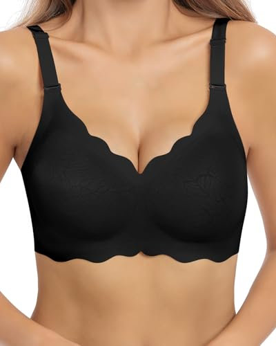 HORISUN Bras for Women No Underwire V Neck Scalloped Wireless Bralettes with Soft Support Comfort Full Coverage Seamless Bra (Black,S)