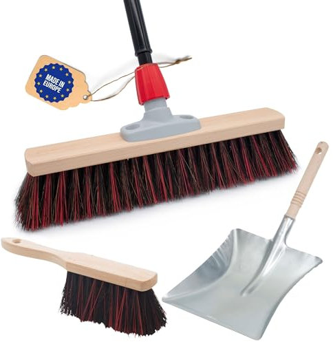 Novaliv Straßenbesen Set 40 cm I Besen Kehrblech mit Gummilippe und Handfeger Arenga-Elaston schwarz-rot