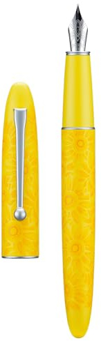 HONG DIAN C3 - Pluma estilográfica con punta extrafina suave de iridio, tallado de nudo chino, diseño brillante amarillo y pintura de girasol con estuche de metal