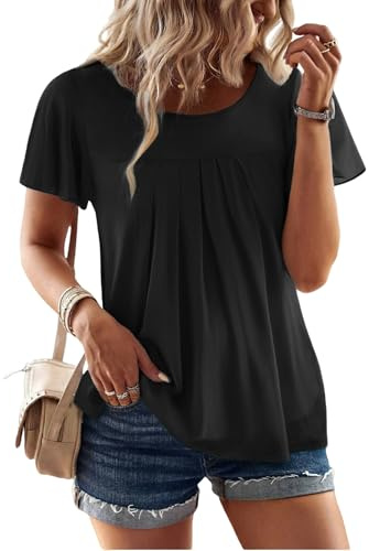 Zeagoo Blouse en Chiffon pour Femme Manches Courtes Plissées Hauts d'Été Col Rond Top Léger Blouses d'Été à Fleurs Tunique à Double Couche Blouse Décontractée Noire XL