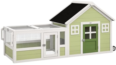 PawHut Rabbit Hutch, Outdoor Rabbit Cage or Guinea Pig Cage with Asphalt Roof, Handle, Wheels, 64 Inch Wooden Bunny Cage for Rabbits, Chickens, Ducks, Small Animals, Multicolor