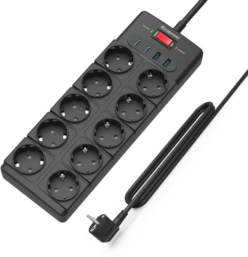 IECOPOWER mehrfachsteckdose 5m,10-Fach Steckdosenleistemit USB(PD 20W 2 USB-C Ports und 2 USB-A Ports),Steckdosenleiste überspannungsschutz,passend für iPhone/iPad,und weitereUSB Geräte,Schwarz.