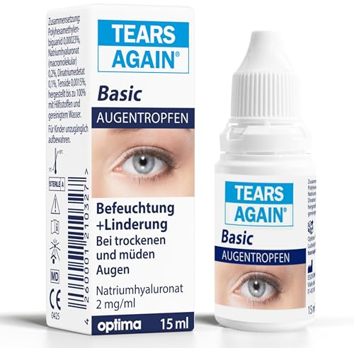 TEARS AGAIN Basic Augentropfen gegen trockene und müde Augen, Hyaluron 0,2%, Augentropfen zur Augenbefeuchtung, 15 ml (1er Pack)