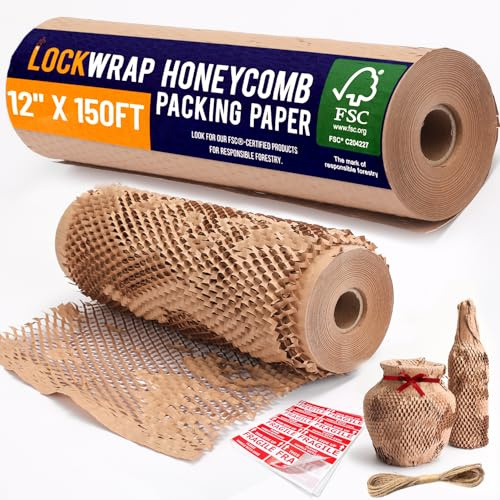 Honeycomb Packing Paper 12 x 150ft with Rope & 20 Fragile Stickers|Shipping & Moving Supplies|Small Business Packaging Supplies|Eco Friendly Bubble Wrap Packing Boxes for Moving Certified FSC C204227