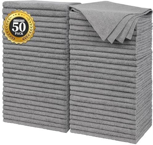 FIXSMITH Grey Microfibre Cleaning Cloth -Pack of 50, 16X12 Cleaning Rags for Housekeeping and Kitchen, Reusable Shop Towels for Car, Lint Free, Scratch-Free, Highly Absorbent Microfibre Towels