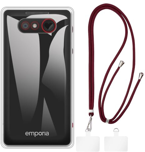 Hülle und Lanyard für Emporia Pure-LTE - Klar+Schwarz | 2.31 Set inklusive Schutzhülle und abnehmbarem Nackengurt mit Metallverschlüssen und 2 Aufnähern