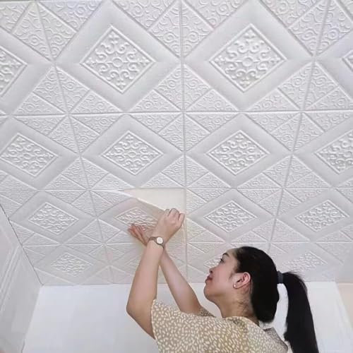 HAILM Panneau Mural Decoratif 10 Pièces Papier Peint Autocollant De Plafond, Parement Mural Exterieur Détachable Bricolage, Revetement Mural D'insonorisation pour Le Salon, Fond, 70X70cm