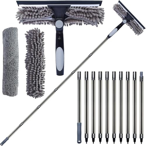SINYUM 20 Feet Reach 2 in 1 Window Washing Squeegee & Duster with 170 Inch Extension Pole // Window Cleaning Kit with 3 Replaceable Pads (Grey)