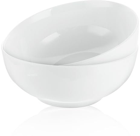 LOPYXBR Lot de 2 Saladier 1800ml, Bol Blanc 20 cm, Grand Bol Blanche en Porcelaine, Saladier Blanc, pour Salade, Soupes, Ramen, Fruits, Compatible Micro-Ondes et Lave-Vaisselle