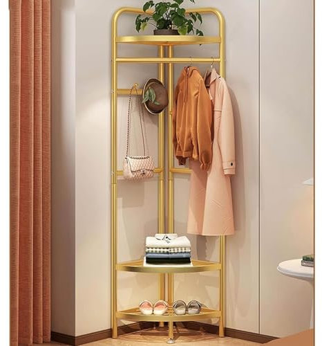 BESTXH Eckgarderobe, Eckgarderobe Mit 3-Stufigem Stauraum Und Haken, Metallgarderobe, Freistehend Kleiderregal, Schlafzimmer KleiderstäNder, FüR Den Eingangsbereich,Gold