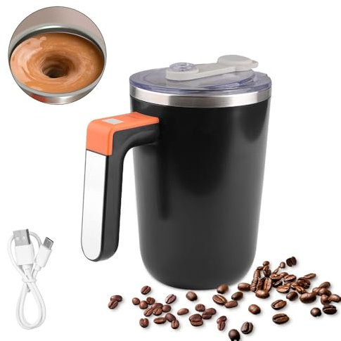 Hanzete 300ml Self Stirring Mug Temperature Heating Magnetic Coffee Mixing Cup with Lid Rechargeable 304 Stainless Steel Liner Waterproof Coffee Tea Milk Coco Smart Thermal Mixer Cups for Office Schoo