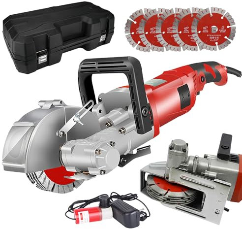 SAIYERUS Rozadoras Eléctricas Cortadora de Ranuras de Pared 5 Hojas de Sierra Profundidad Máxima de La Ranura Anchura 33mm x 37mm Hormigón Ladrillo Losa de Cemento Corte de La Pared,Red