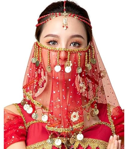 TouKingda Belly Dance Face Veil for Women, Chiffon Face Veil with Sequins Beads for Belly Dance Costumes, Retro Indian Dance Face Veil for Performance Halloween Costume Accessory for Women and Girls