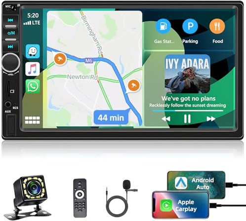 Motorsi 2 Din Bluetooth-bilradio med Carplay Android Auto, 7 tum dubbel din radio med skärm, bilstereo med spegellänk/FM/USB/AUX/EQ/SWC/7 färger bakgrundsbelysning + fjärrkontroll