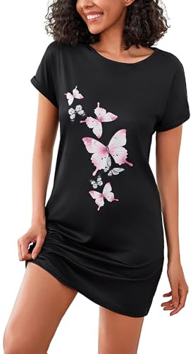 Leversic Chemise de Nuit Manches Courtes Chemise de Nuit Femme Coton Tee Shirt de Nuit Femme Grande Taille Vêtements de Nuit Doux et Lisse 1171-Papillon-Noir M