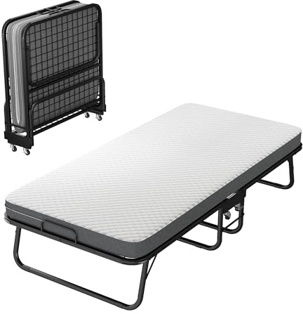 Hopfällbar säng 90 x 190 cm gästsäng med hjul och 10 cm tjock skummadrass för vuxna, enkelsäng, hopfällbar med mentalram som kan belastas upp till 150 kg, bärbar hopfällbar säng (hopfällbar säng med