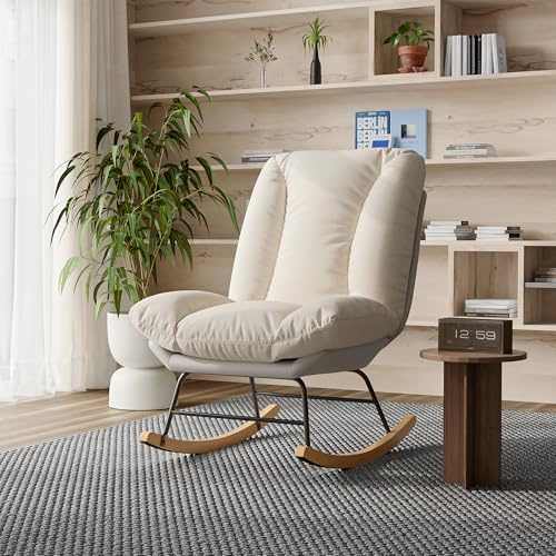 YNYHTER Mecedora Tapizada,Sillón Balancín Salon Rocking Chair Mecedora con Cojin Acolchado Mecedoras con Respaldo Sillón de Lectura Comodo Silla Mecedoras para Adulto (Beige+Tela tech2)
