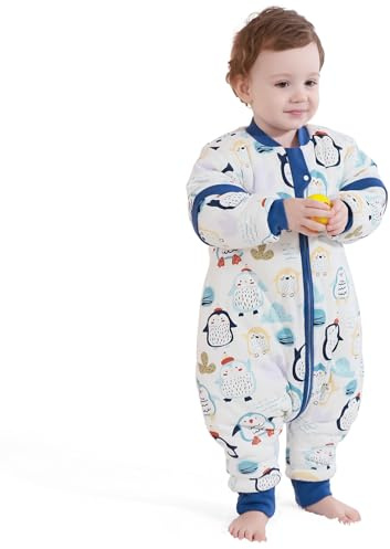 MlKAFEN Baby Schlafsack Langarm mit fuBen 3,5 tog, Winter babyhöhe 95-105cm | 100% Baumwolle Kinder-Winterschlafsack, mit abnehmbaren Ärmeln, Doppelreißverschluss für einfachen Windelwechsel,Blauer