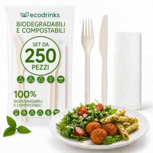 ecodrinks - 250 Set Forchette, Coltelli e Tovagliolo di CPLA Riutilizzabili - Bis Posate Senza BPA, Biodegradabili ed Ecologiche - Perfetti per Catering, Eventi, Feste, Picnic e Barbecue