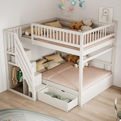 Kebnor Etagenbett Aus Massivholz, Mit Hohem Sicherheitsgitter, Mit Lattenrost, Sicherheitsleiter mit Stauraum, Mit Stauschubladen, Kinderbett Jugendbett(Weiß, 140 * 200cm)